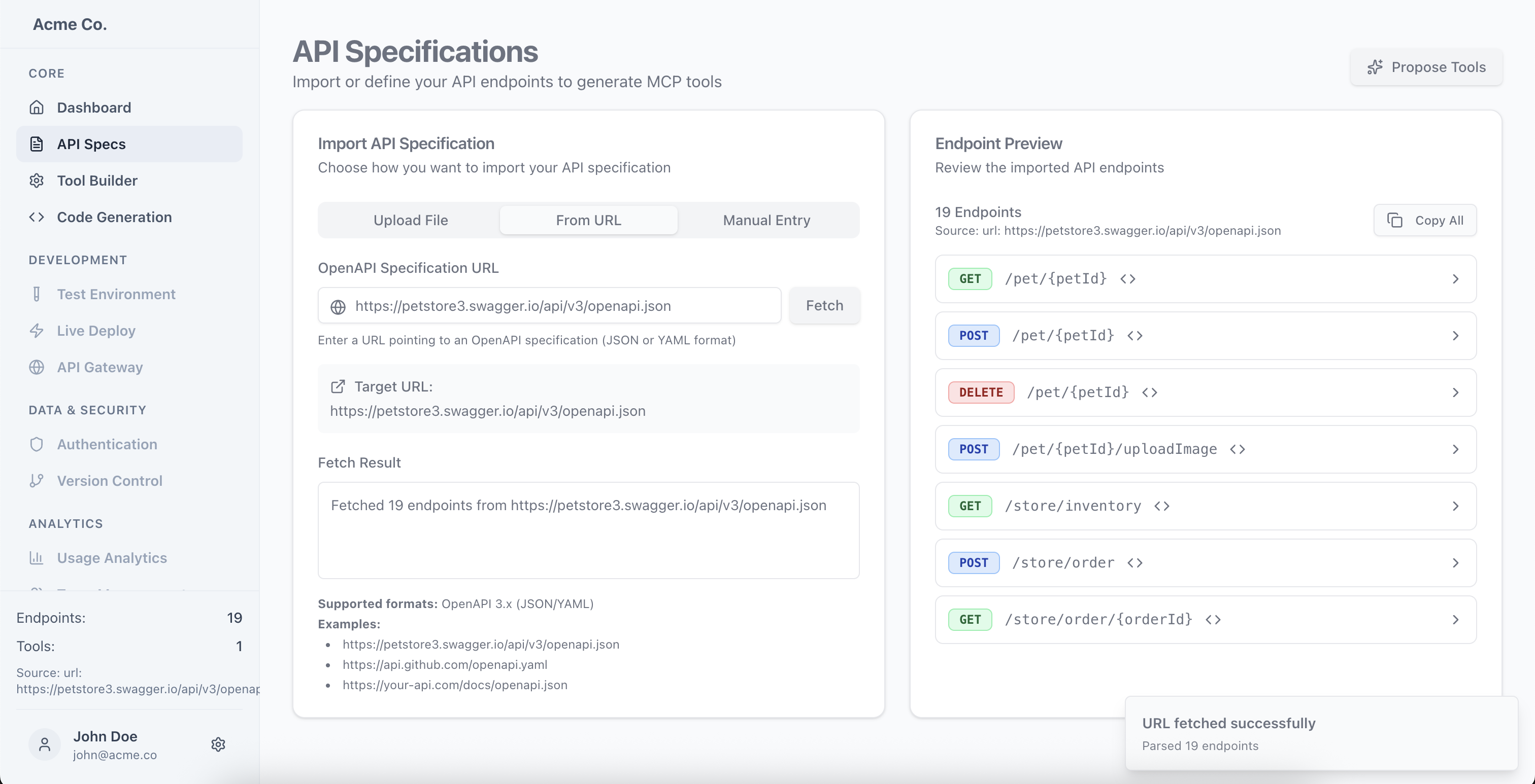 API Specifications interface showing OpenAPI import