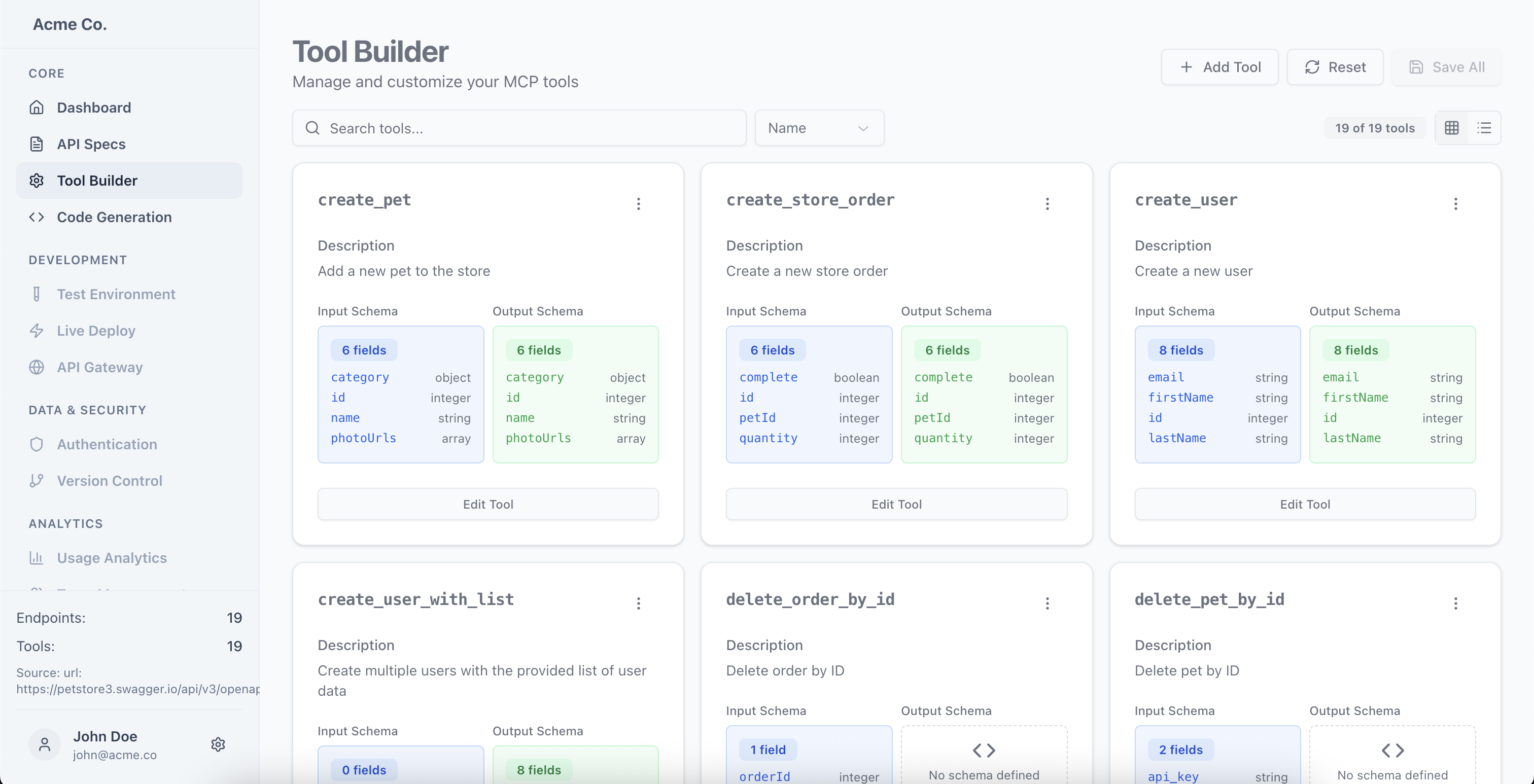 Tool Builder interface showing AI-generated MCP tools